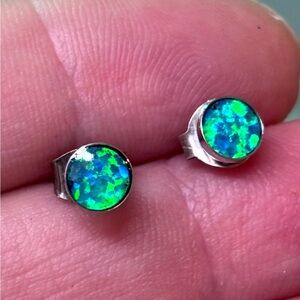 Elegant Silver and Blue Opal Stud miniature Earrings